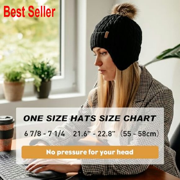 Wool Fleece Lined Ear Flap Beanie Detachable Pompom Classic Chic Winter Warm - Picture 3 of 8